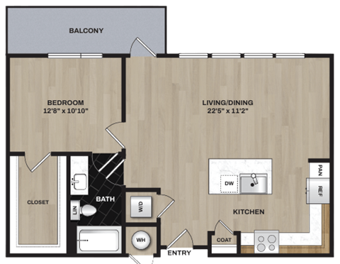 A floor plan of a home showing a bedroom, bathroom, closet, kitchen, and living/dining area.